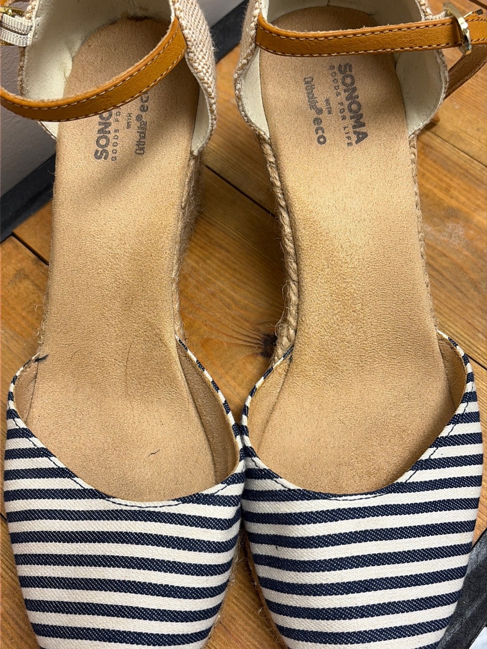 Kohl's Navy & White Striped Espadrille Wedge Sandals with Tan Ankle Strap 8.5